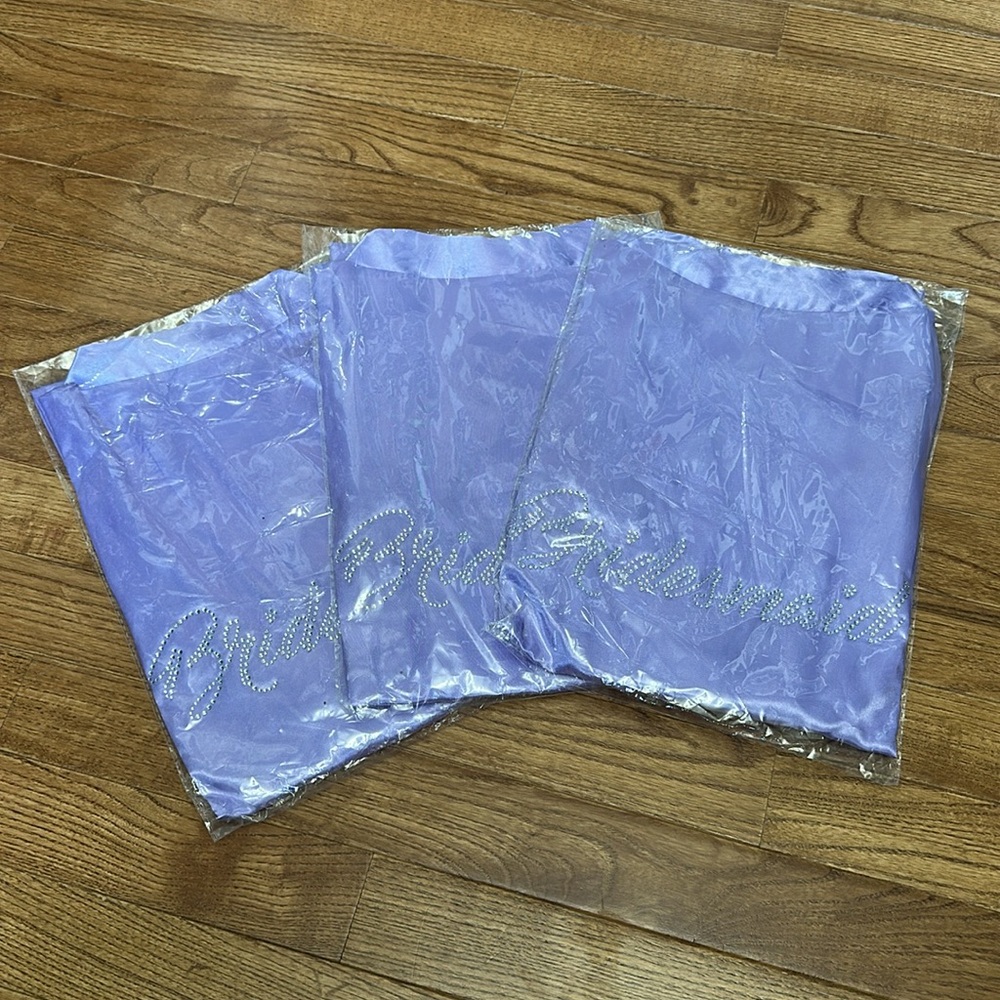 3 Bridesmaids Purple Robes Rhinestone Writing On The Back - Picture 3 of 4